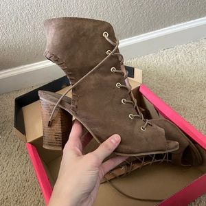 Taupe, open toed, tie up heels